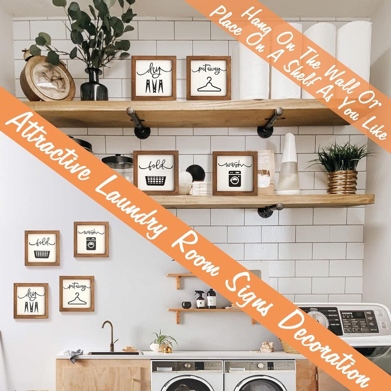 Laundry Room Decor for Wall Farmhouse Laundry Signs Set of 4 Wash Dry Fold Put Away Rustic Laundry Decor for Laundry Room Shelf Laundry Wall Art with Wood Frame Decorative Laundry Room Sign, 8'' x 8'' - Image 5