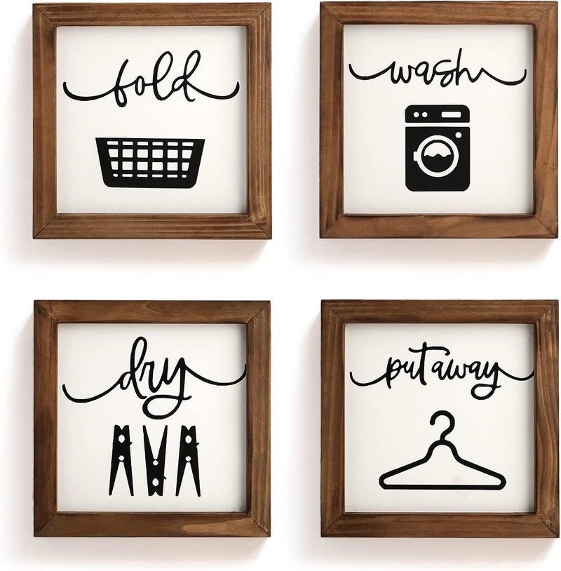 Laundry Room Decor for Wall Farmhouse Laundry Signs Set of 4 Wash Dry Fold Put Away Rustic Laundry Decor for Laundry Room Shelf Laundry Wall Art with Wood Frame Decorative Laundry Room Sign, 8'' x 8'' - Image 1