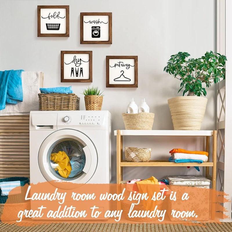 Laundry Room Decor for Wall Farmhouse Laundry Signs Set of 4 Wash Dry Fold Put Away Rustic Laundry Decor for Laundry Room Shelf Laundry Wall Art with Wood Frame Decorative Laundry Room Sign, 8'' x 8'' - Image 2