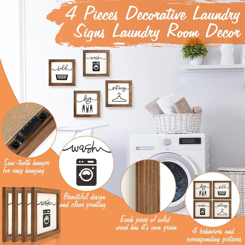Laundry Room Decor for Wall Farmhouse Laundry Signs Set of 4 Wash Dry Fold Put Away Rustic Laundry Decor for Laundry Room Shelf Laundry Wall Art with Wood Frame Decorative Laundry Room Sign, 8'' x 8'' - Image 3