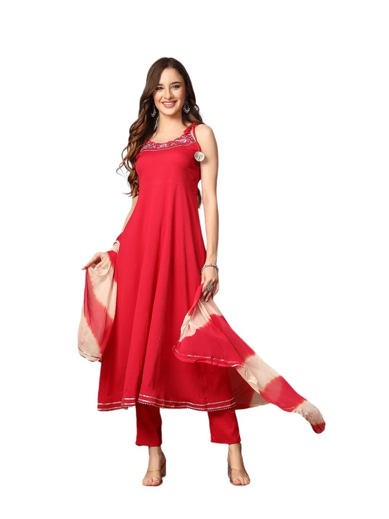 Stylum Women's Solid & Embroidered Poly Crepe A-Line Kurta With Dupatta - Image 1