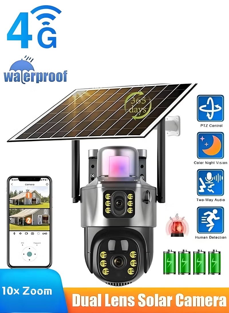 Wireless solar camera   4G SIM  Outdoor security camera with night vision, optical zoom, color infrared night vision, dual sensor motion detection, up and down rotation monitoring system, equipped with solar panel - Image 1