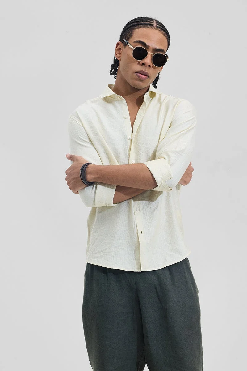 SNITCH Light Cream Textured Long Sleeve Slim Fit Shirt