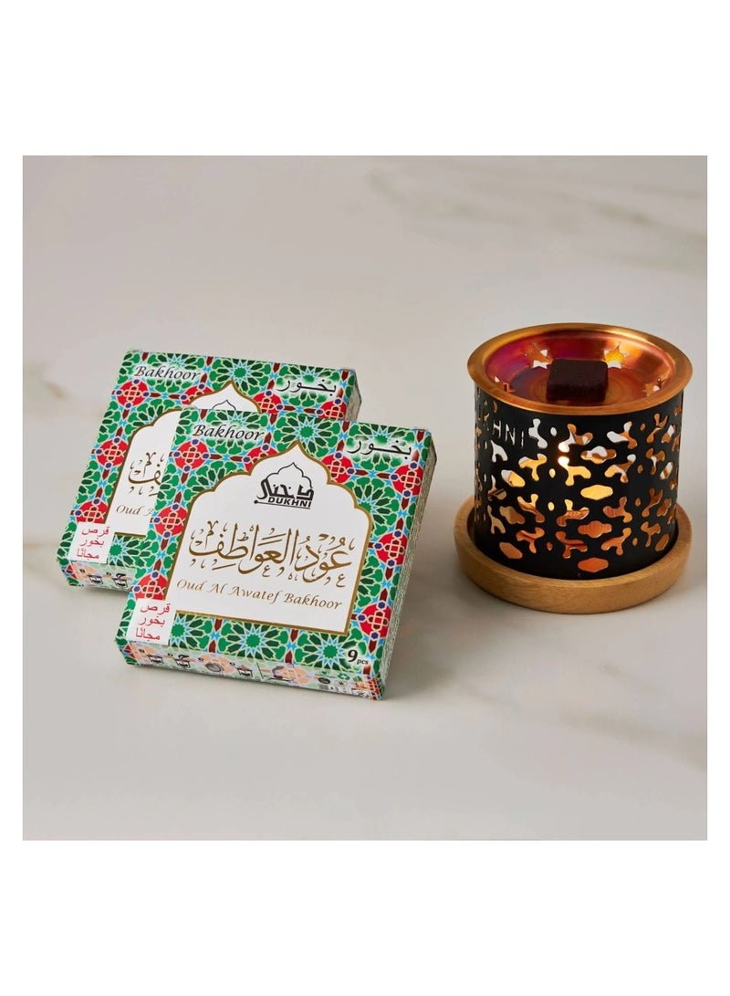 DUKHNI Oud Al Awatef Bakhoor Set  | 2 x 9 Piece each & Snowflake Bakhoor Burner | Arabic Bakhoor Incense| Fresh Citrus Oud Blend| Perfect for Prayer Time | To Relax & Meditate - Image 1