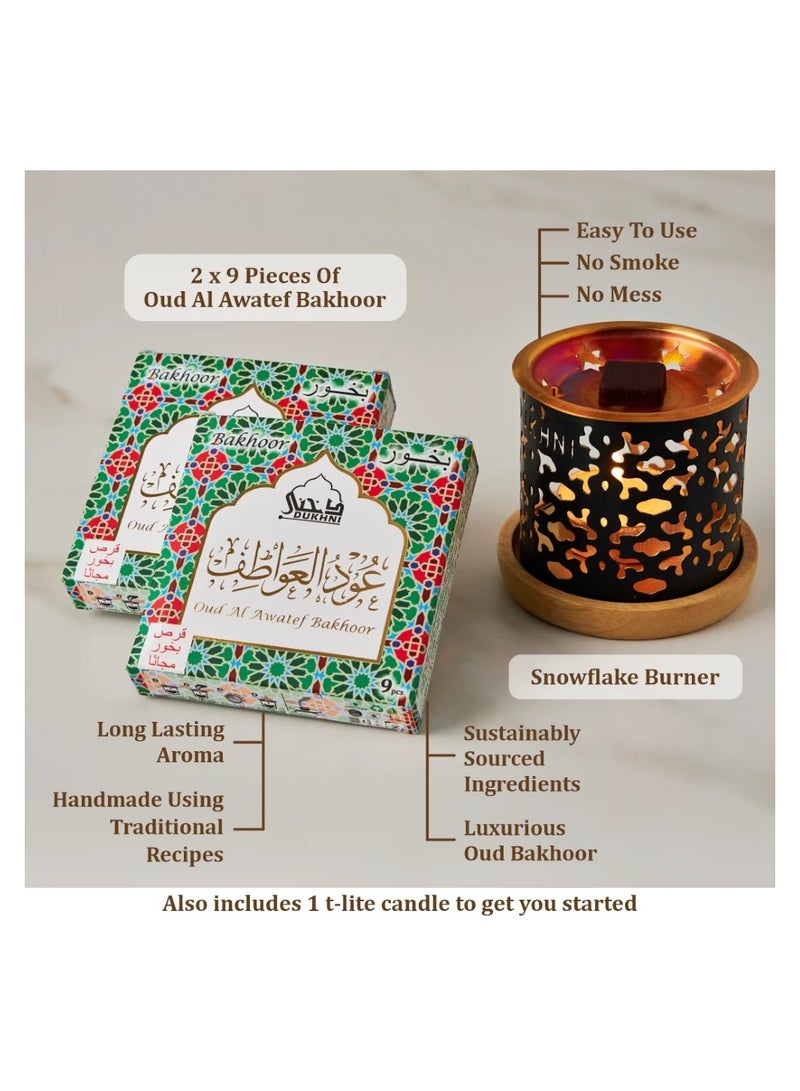 DUKHNI Oud Al Awatef Bakhoor Set  | 2 x 9 Piece each & Snowflake Bakhoor Burner | Arabic Bakhoor Incense| Fresh Citrus Oud Blend| Perfect for Prayer Time | To Relax & Meditate - Image 3