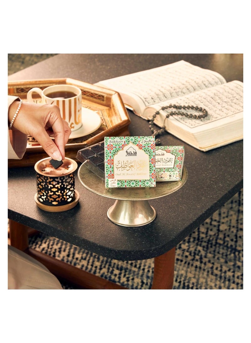 DUKHNI Oud Al Awatef Bakhoor Set  | 2 x 9 Piece each & Snowflake Bakhoor Burner | Arabic Bakhoor Incense| Fresh Citrus Oud Blend| Perfect for Prayer Time | To Relax & Meditate - Image 2