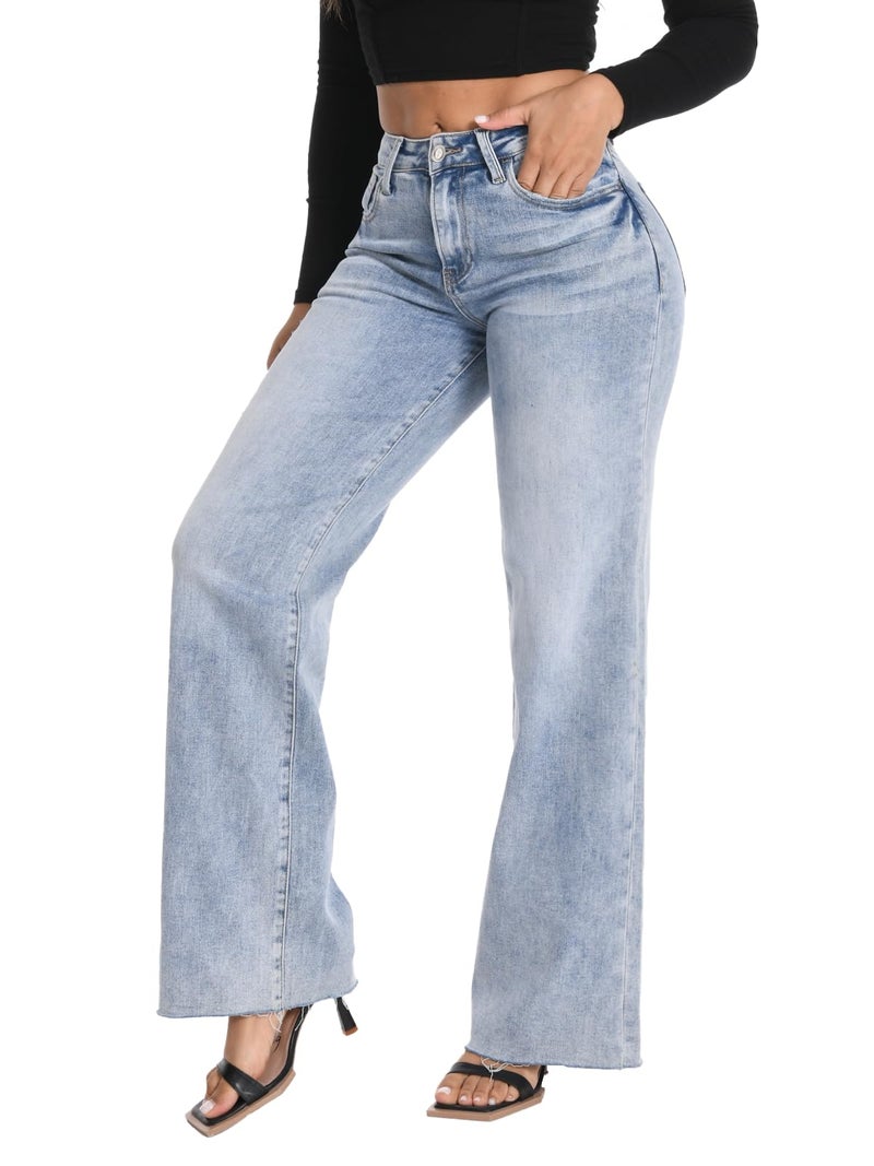 ONESO Wide Leg Jeans for Women High Waisted Stretchy Baggy Jeans BBL Loose Fit Frayed Raw Hem Denim Pants Casual DIY Length - Image 2