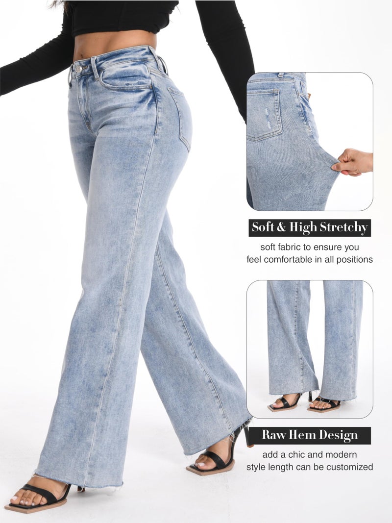 ONESO Wide Leg Jeans for Women High Waisted Stretchy Baggy Jeans BBL Loose Fit Frayed Raw Hem Denim Pants Casual DIY Length - Image 4
