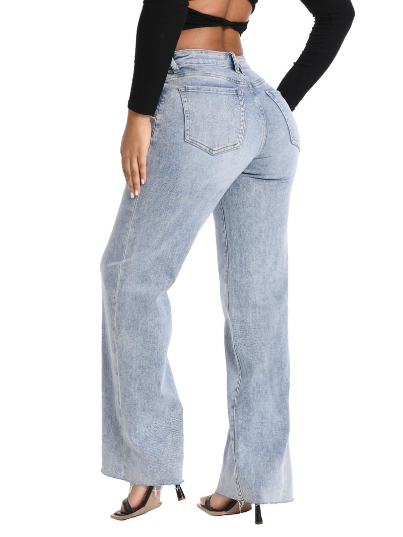 ONESO Wide Leg Jeans for Women High Waisted Stretchy Baggy Jeans BBL Loose Fit Frayed Raw Hem Denim Pants Casual DIY Length - Image 5