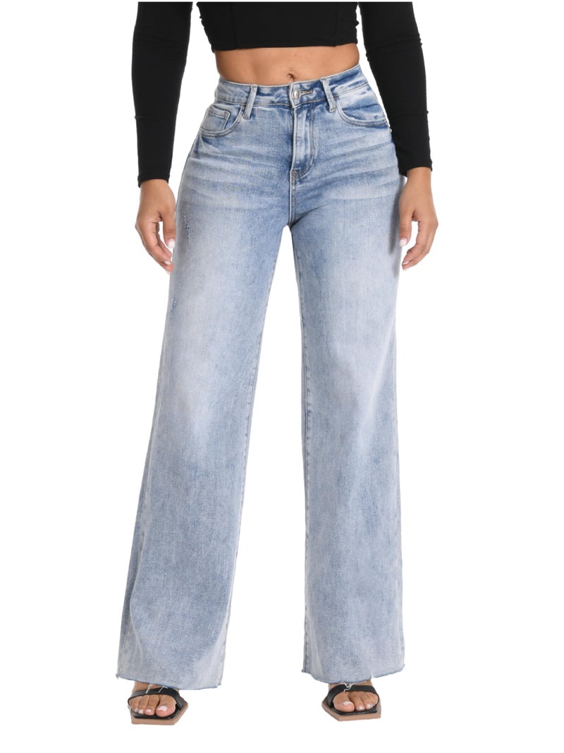 ONESO Wide Leg Jeans for Women High Waisted Stretchy Baggy Jeans BBL Loose Fit Frayed Raw Hem Denim Pants Casual DIY Length - Image 1