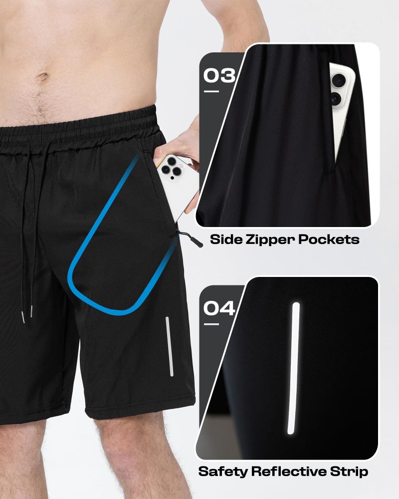 JWJ 3 Pack Mens Athletic Gym Workout Shorts Lightweight Quick Dry 9 inch Inseam Running Shorts for Men Activewear Basketball Short with Zipper Pockets Black Dark Grey Army L - Image 5