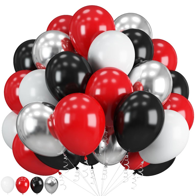 Paeyeq Red Black Balloons, 60 Pcs 12 Inch Double Stuffed Red Matte Black White Balloon with Metallic Silver Balloon for Halloween Vampire Prom New Year Race Car Theme Birthday Poker Card Party Decorations - Image 1