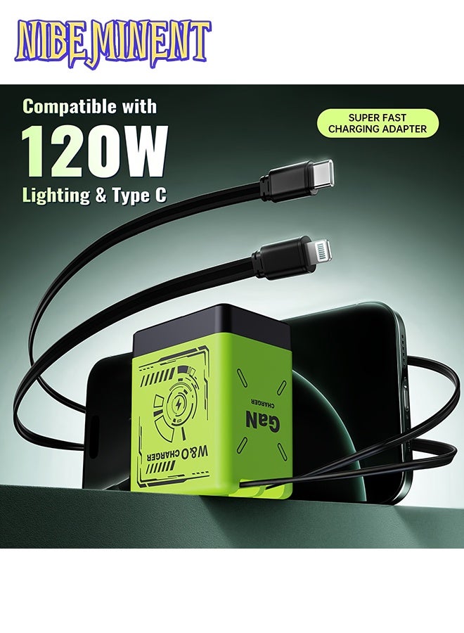 NIBEMINENT Smart Charger, 2 in 1 120w Fast Charger, Retractable Wall Fast Charger, Portable Charger with All in 1 Foldable Plug, Fast Charging Power Adapter for Smartphones (Green) - Image 2