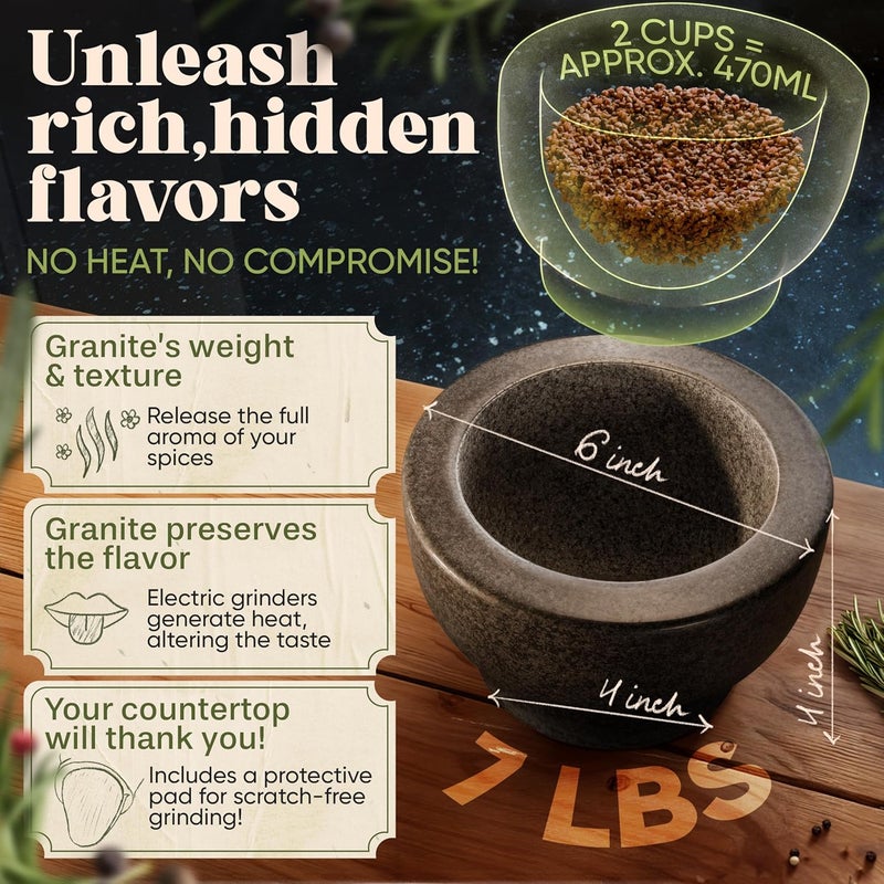 ChefSofi Mortar and Pestle Set - Black Polished Exterior - 6 inch - 2 Cup Capacity - Image 2