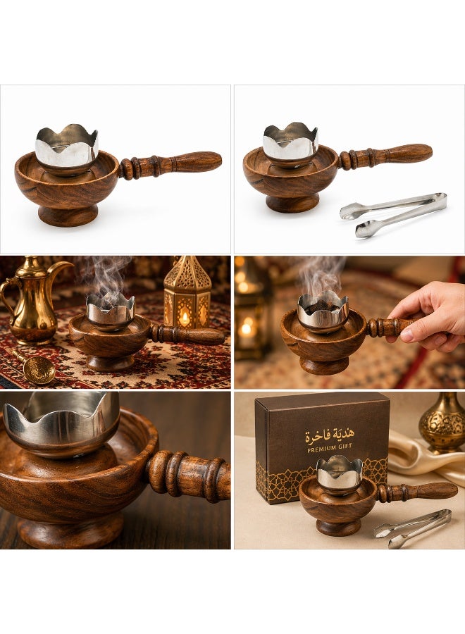Wooden Bakhoor Burner with Handle – Premium Incense Burner Set with Stainless Steel Cup & Tongs – Traditional Arabic Mabkhara for Home & Majlis - Image 2