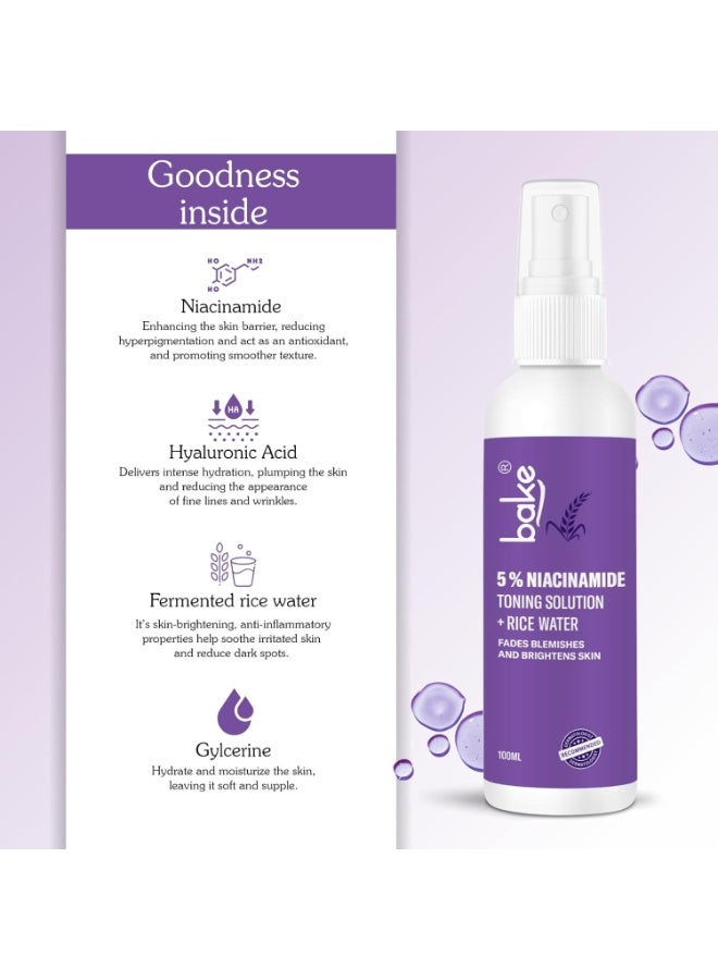 BAKE 5% Niacinamide & Rice Water Toner | Fermented Rice Water Extract | For Dry & Acne Prone Skin | Alcohol Free Toner with Hyaluronic Acid | Smoothens Uneven Skin | Fades Acne Marks | 100ml - Image 2