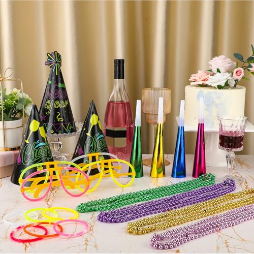 Hollowfly 88 Pcs 2026 New Year Eve Party Supplies for 12 Guest Glow in The Dark Party Supplies Neon Hats Necklace Glow Glasses Necklace Fringed Noisemaker Sticks for Happy New Year Eve Neon Decor - Image 5