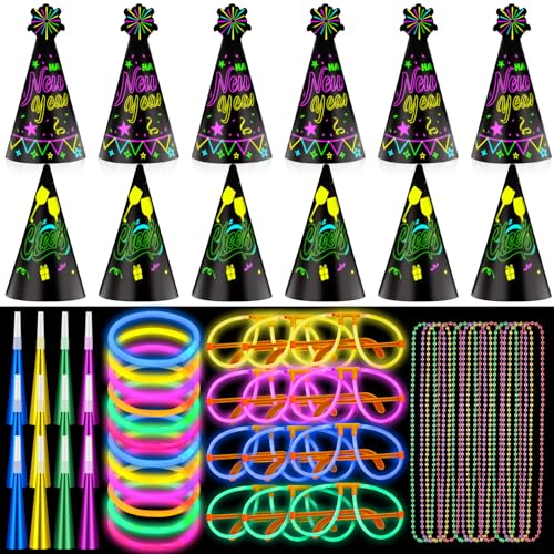 Hollowfly 88 Pcs 2026 New Year Eve Party Supplies for 12 Guest Glow in The Dark Party Supplies Neon Hats Necklace Glow Glasses Necklace Fringed Noisemaker Sticks for Happy New Year Eve Neon Decor - Image 1