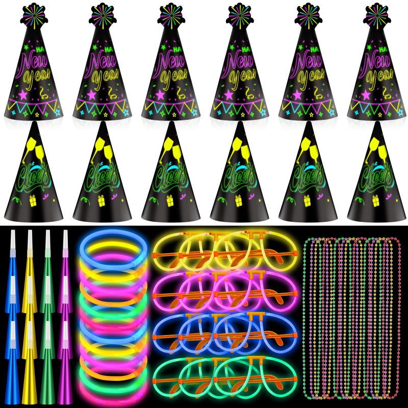Hollowfly 88 Pcs 2026 New Year Eve Party Supplies for 12 Guest Glow in The Dark Party Supplies Neon Hats Necklace Glow Glasses Necklace Fringed Noisemaker Sticks for Happy New Year Eve Neon Decor - Image 3