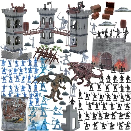 Plustopoy Medieval Castle Knight Toy Soldier Figures Army Men Toys The Medieval Times Middle Ages DIY Castle Building Toy Piracy Knight Action Figurines with Storage Bag2 Dragons 2 Bridges 1 Map - Image 1