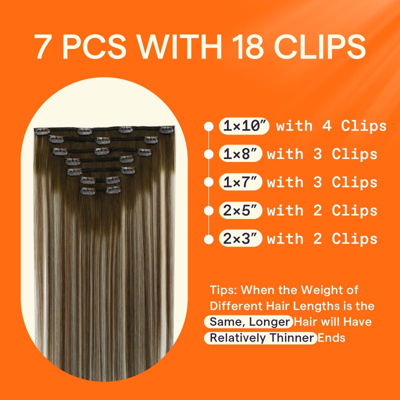 Full Shine Clip in Hair Extensions Balayage Invisible Hair Extensions Human Hair Balayage Medium Brown to Ash Brown Mix Light Blonde Double Weft Human Hair Clip in Extensions 18 Inch 7 Pcs 120g - Image 3