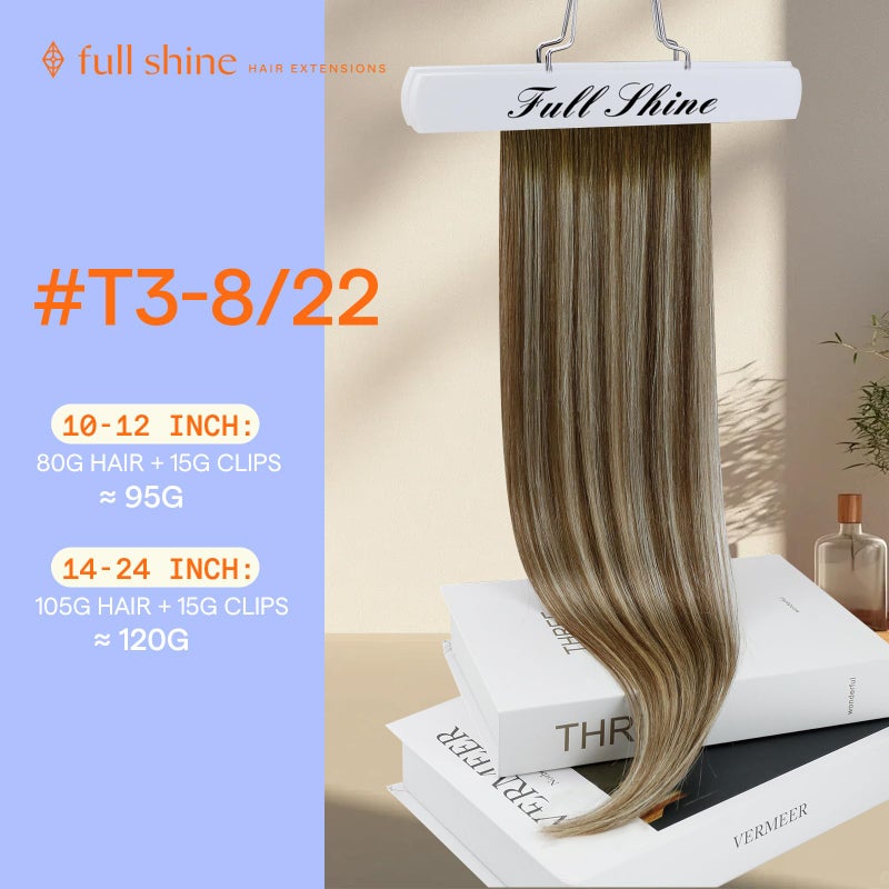 Full Shine Clip in Hair Extensions Balayage Invisible Hair Extensions Human Hair Balayage Medium Brown to Ash Brown Mix Light Blonde Double Weft Human Hair Clip in Extensions 18 Inch 7 Pcs 120g - Image 2