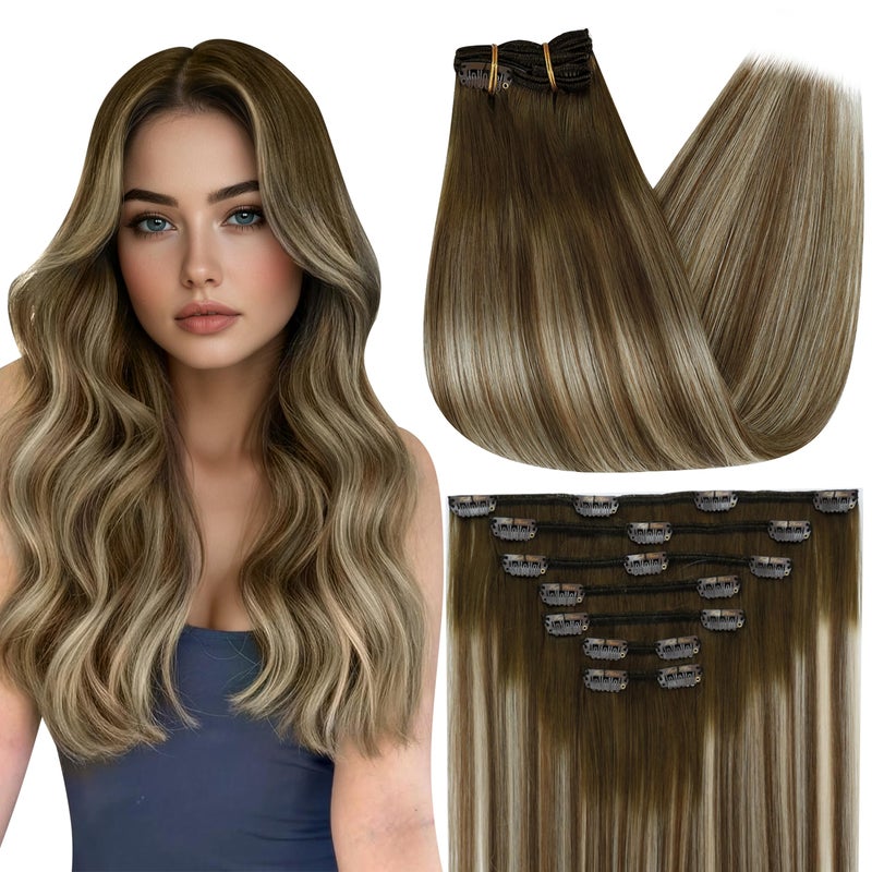 Full Shine Clip in Hair Extensions Balayage Invisible Hair Extensions Human Hair Balayage Medium Brown to Ash Brown Mix Light Blonde Double Weft Human Hair Clip in Extensions 18 Inch 7 Pcs 120g - Image 1