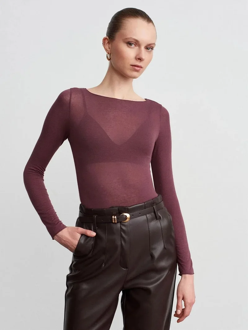 ديلفين DILVIN Slim Fit Boat Neck Long Sleeve Knit Blouse