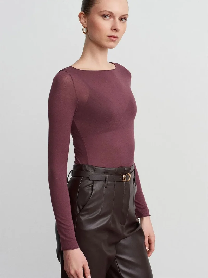 ديلفين DILVIN Slim Fit Boat Neck Long Sleeve Knit Blouse