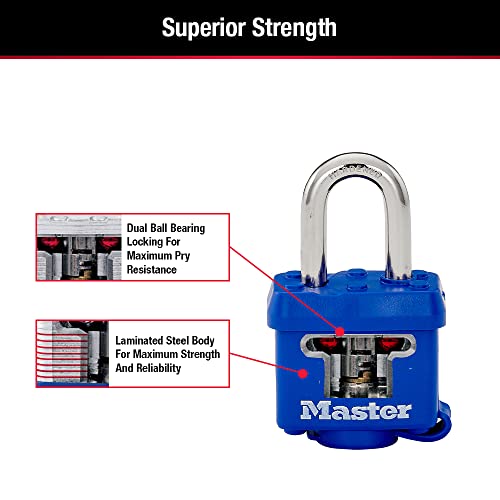 Master Lock 312TRI Laminated Padlock with Key & Thermoplastic Shell, Blue, Pack of 3 Keyed-Alike, 1-9/16-inch - Image 5