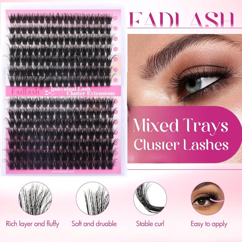 FADLASH Individual Eyelashes 0.07mm D-Curl 80+100P Cluster Eyelashes 3D Effect 12-18mm Mix Length Self-Application for DIY False Eyelash Extension Volume Eyelashes (80P+100P-0.07-D-Mix) - Image 2