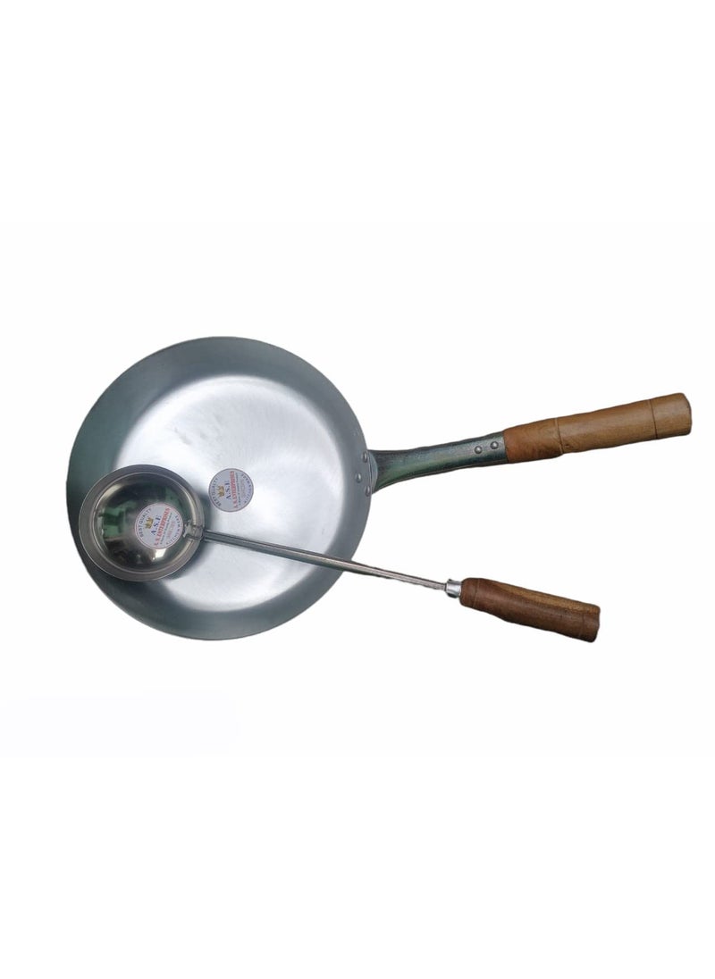 AS A S Shiny Coated 4 kg Heavy Weight only A S Brand Induction and Gas Compatible Pure Iron Fry PanTapper PanFlat tai with Wooden Handle Free Big Size ladle 12 no 2 Liter Fry pan  - Image 5