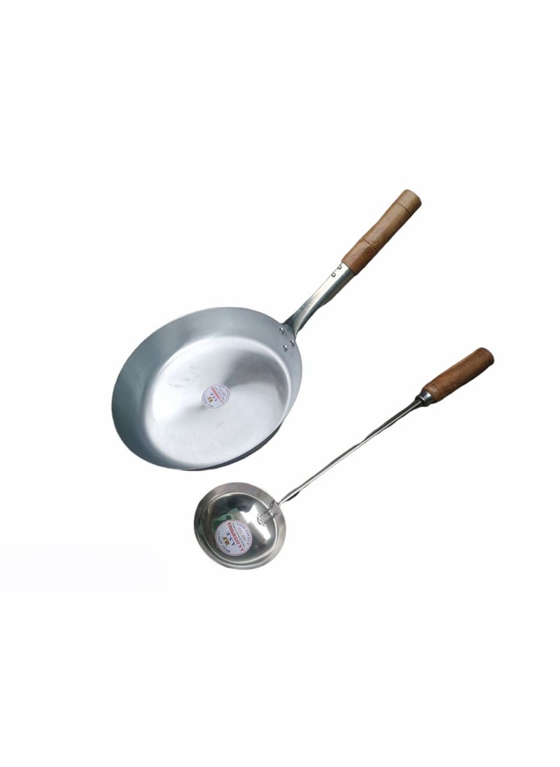 AS A S Shiny Coated 4 kg Heavy Weight only A S Brand Induction and Gas Compatible Pure Iron Fry PanTapper PanFlat tai with Wooden Handle Free Big Size ladle 12 no 2 Liter Fry pan  - Image 4