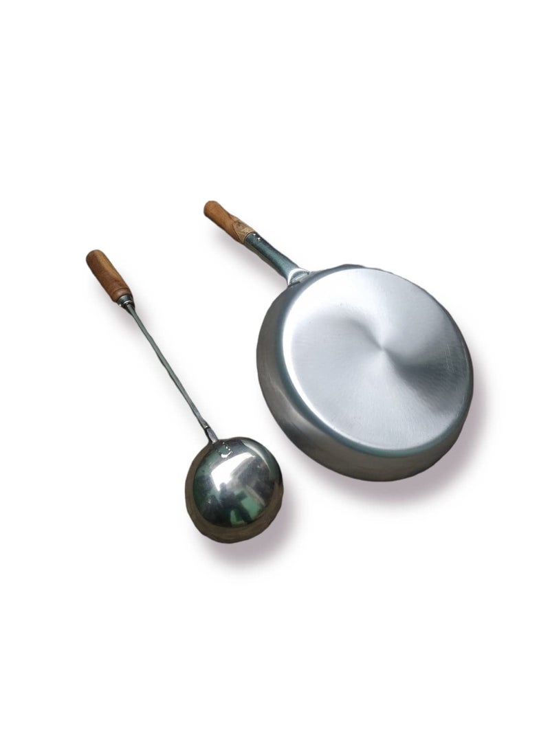 AS A S Shiny Coated 4 kg Heavy Weight only A S Brand Induction and Gas Compatible Pure Iron Fry PanTapper PanFlat tai with Wooden Handle Free Big Size ladle 12 no 2 Liter Fry pan  - Image 3