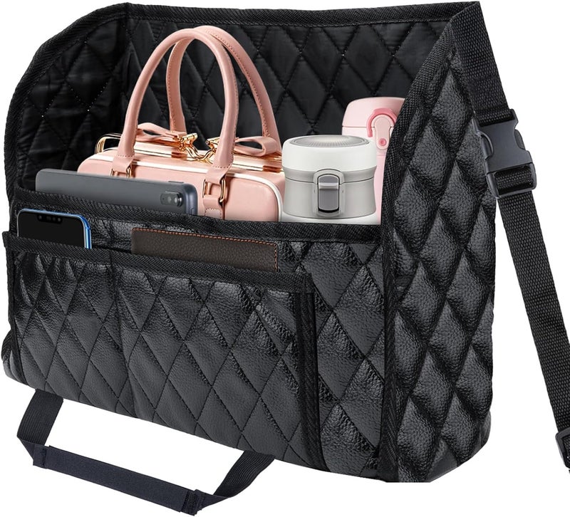 BFXM Car Purse Holder Between Seats, Leather Auto Front Seat Handbag Organizer Pocket, Large Capacity Car Net Pocket Handbag Holder, Backseat Barrier Storage Bag for Kids Pet, Fits for Cars, Trucks, SUVs - Image 1