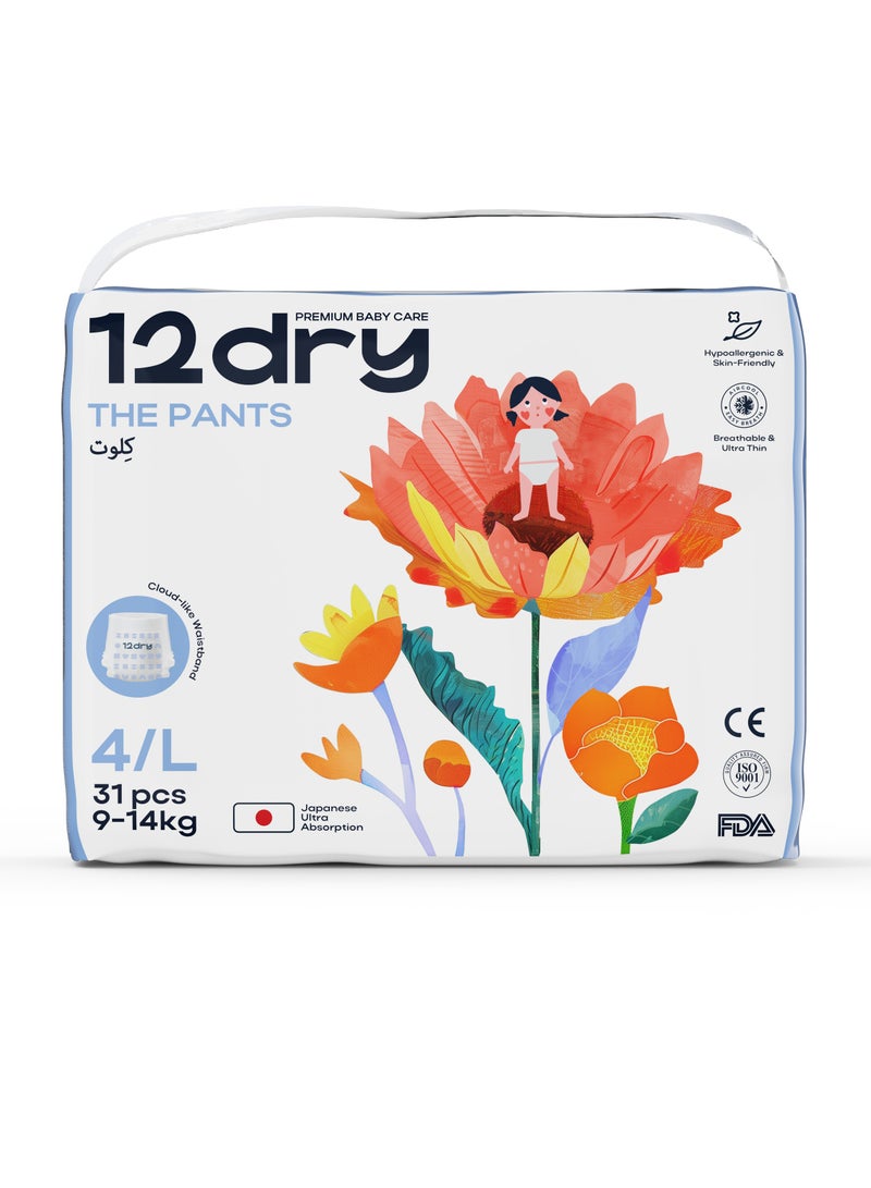 12dry Pants premium baby care Size 4, 9–14 Kg, 31 Count Ultra-Absorbent, Thin & Breathable, Eco-Friendly Baby Pants with Soft Elastic Waistband - Image 1