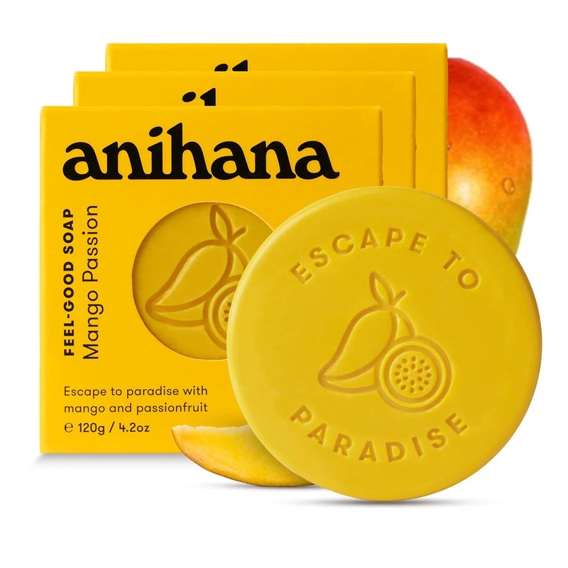 ANIHANA FeelGood Soap 3 Pack with Coconut Oil and Shea Butter Gentle Cleansing Paraben Free Cruelty Free Refreshing Mango Passion Scent 42 oz each