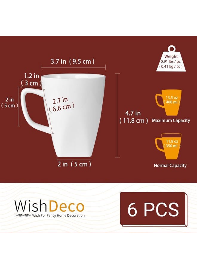 WishDeco White Coffee Mugs Set of 6, Ceramic Coffee Cups 14 oz / 400 ml, Modern Tea Mugs, Porcelain Tea Cups, Large Mug for Latte, Cappuccino, Milk, Juice, Square Bottom, Microwave and Dishwasher Safe - Image 3