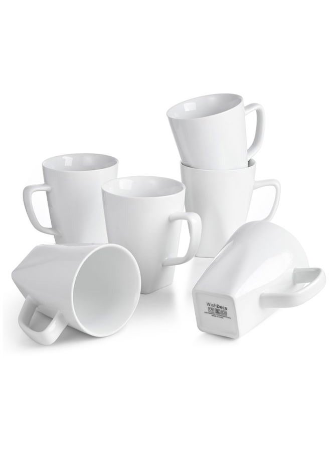 WishDeco White Coffee Mugs Set of 6, Ceramic Coffee Cups 14 oz / 400 ml, Modern Tea Mugs, Porcelain Tea Cups, Large Mug for Latte, Cappuccino, Milk, Juice, Square Bottom, Microwave and Dishwasher Safe - Image 1