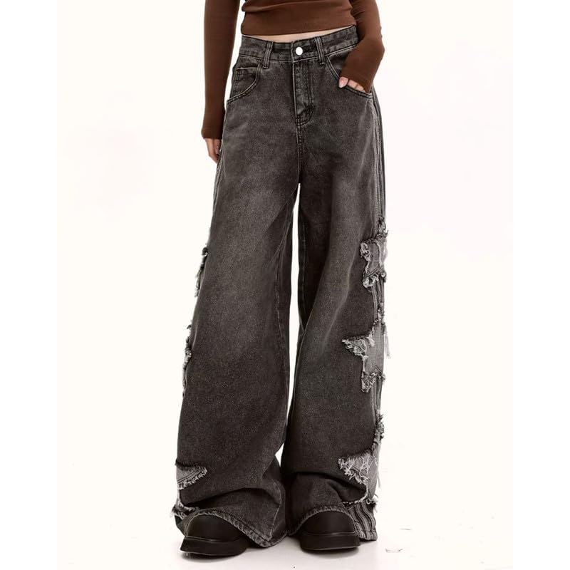 PEAINJ Star Jeans for Women Girls Baggy Cute Patchwork Denim Pants Y2k High Waisted Jeans Grunge Aesthetic Clothes Black-XL - Image 2