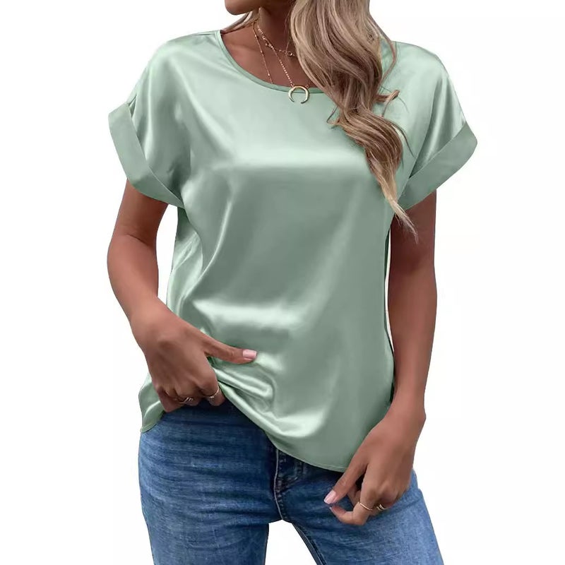 Fashion 2025 Summer Source Ol Temperament Sade Pullover Round Neck Straight Tube Women'S T-Shirt Primary Source - Image 5