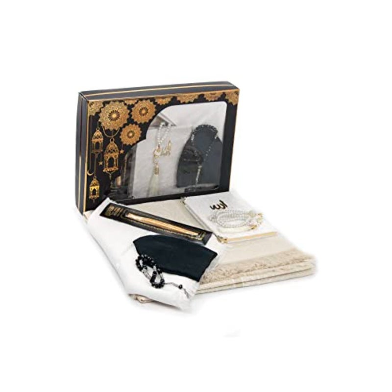 Deluxe Set for Hajj and Umrah - Prayer Rug, Islamic Mat, 99 and 33 Pearly Beads Tesbih, Yaseen Book, Miswak, Hijab - White Set 1 - Image 3