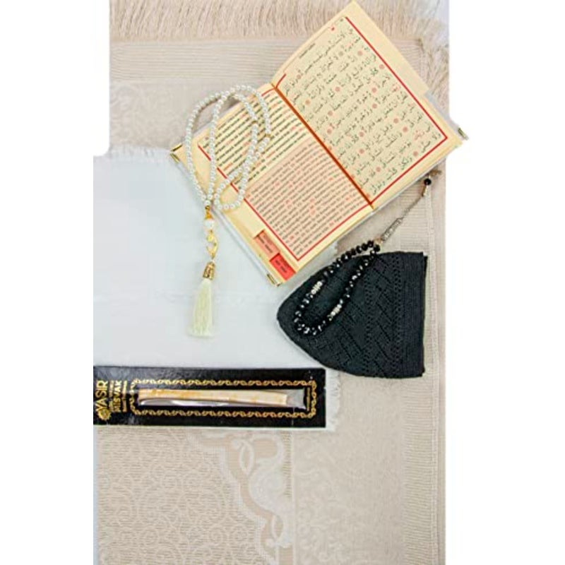 Deluxe Set for Hajj and Umrah - Prayer Rug, Islamic Mat, 99 and 33 Pearly Beads Tesbih, Yaseen Book, Miswak, Hijab - White Set 1 - Image 2