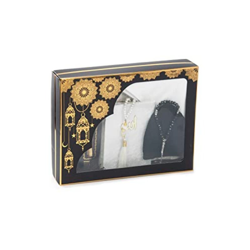 Deluxe Set for Hajj and Umrah - Prayer Rug, Islamic Mat, 99 and 33 Pearly Beads Tesbih, Yaseen Book, Miswak, Hijab - White Set 1 - Image 4