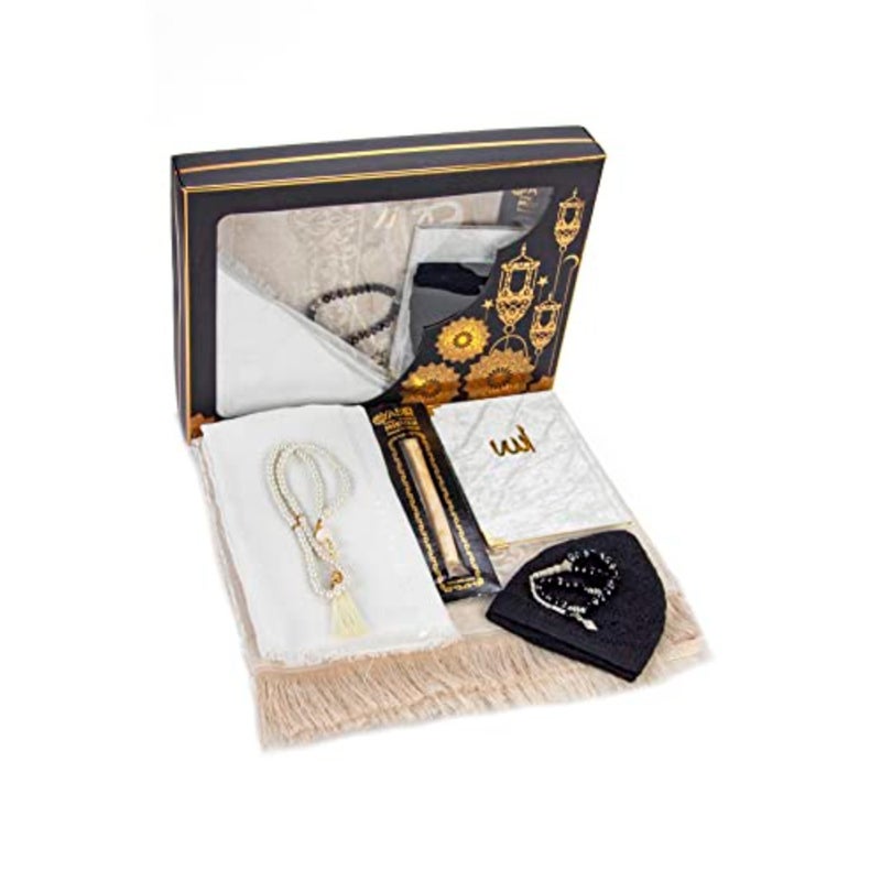 Deluxe Set for Hajj and Umrah - Prayer Rug, Islamic Mat, 99 and 33 Pearly Beads Tesbih, Yaseen Book, Miswak, Hijab - White Set 1 - Image 1