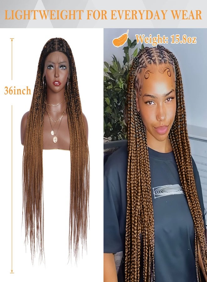 اليبيري شعر مستعار أليبيري 36 بوصة كامل الدانتيل متقاطع بدون عقدة بوكس مضفر للنساء السود شعر مستعار أمامي من الدانتيل بدون عقدة بوكس مضفر مع شعر صغير شعر صناعي خفيف الوزن بني فاتح مضفر كورنرو (1B/27) - Image 4