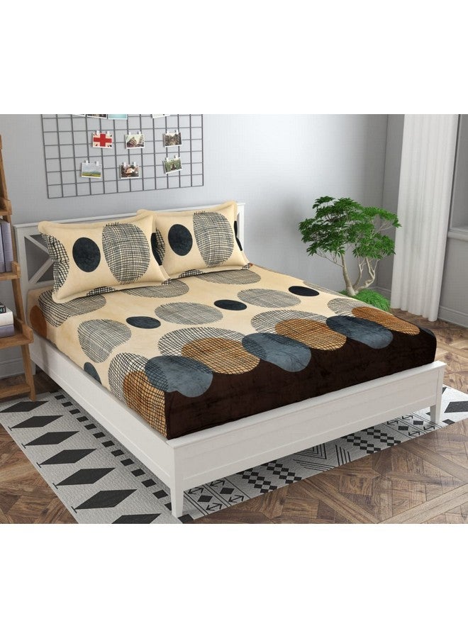 Prozone Elastic Fitted Warm Super Soft Double Bedsheet | Flannel Elastic Double King Size Bedsheets and 2 Pillow Cover for Winter,72x78 Inch (72x78 Inch,Circle & Beige) - Image 1