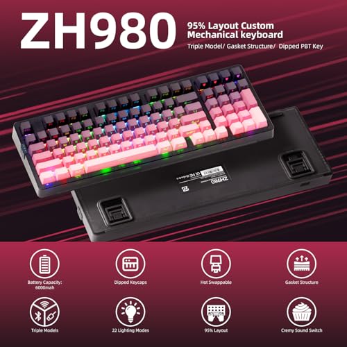 ZORNHER ZH980 Mechanical Keyboard Wireless,95% Pink Creamy Keyboard with Number Pad,Gaming Keyboard with Number Pad,Lighted Up PBT Keycaps,Creamy Sounding Linear Switches,Full Size - Image 2