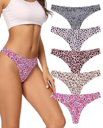 voenxe Seamless Thongs for Women No Show Thong Underwear Women 5-10 Pack (G-5 Pack Leopard Print, Medium) - Image 1