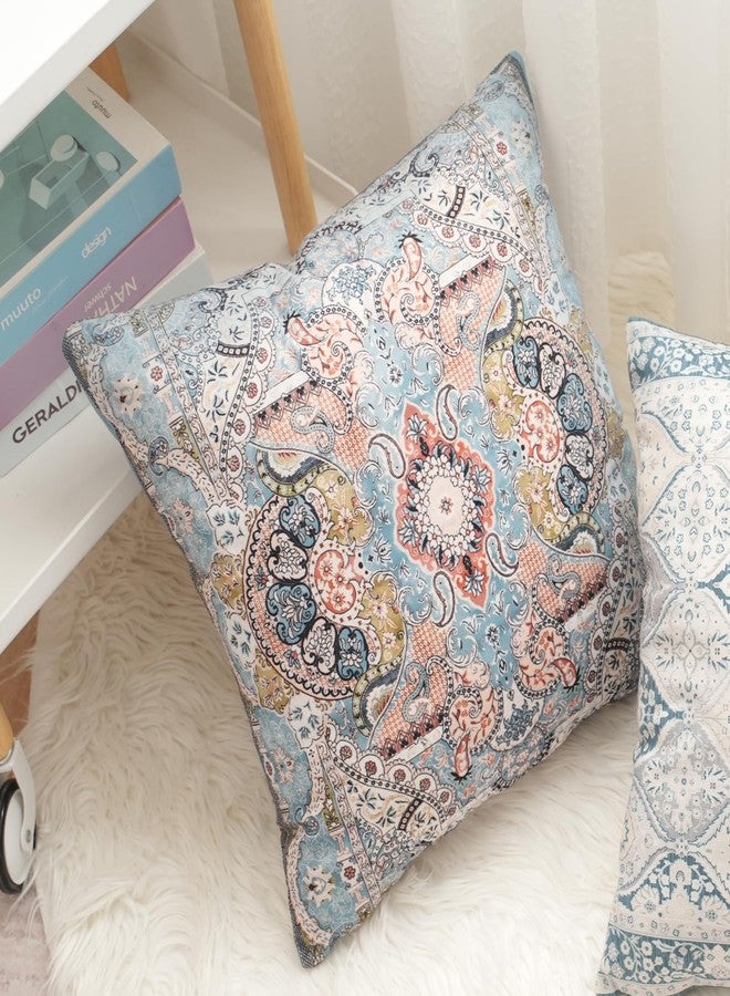 BUAEL Boho Floral Throw Pillow Covers 18x18 inch Set of 2,Blue Boho Rug Geometric Floral Pattern Decor Double Sided Pattern Cushion Cover Soft Pillow Case Living Sofa Room Bed Square Pillow Cover - Image 5